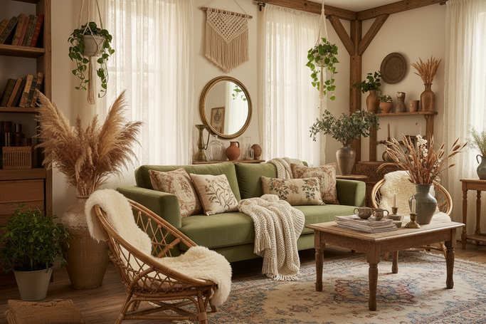 cottage core vintage lounge with boho vibes 