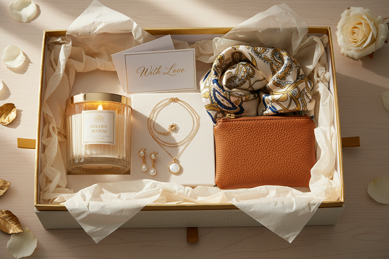 gift set with jewellery and candle and accessories