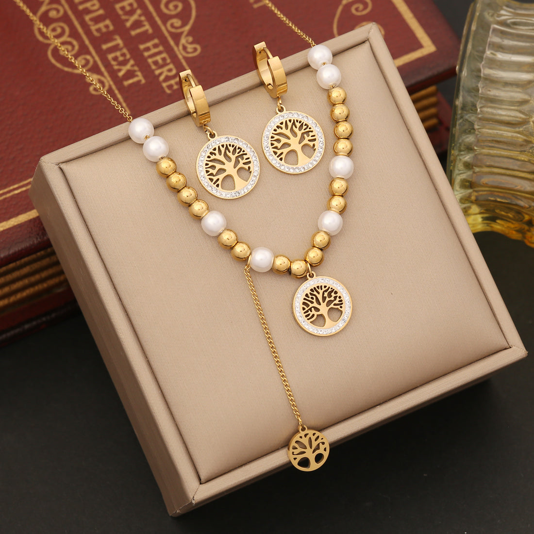 Gold Tree of Life Necklace and Earrings set